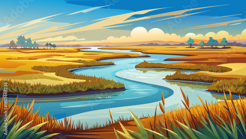 Very beautiful peaceful wetland landscape featuring winding tidal channels, golden marsh grasses, and calm reflective water under a soft blue sky, capturing the serene nature of Egg Harbor Township’s 