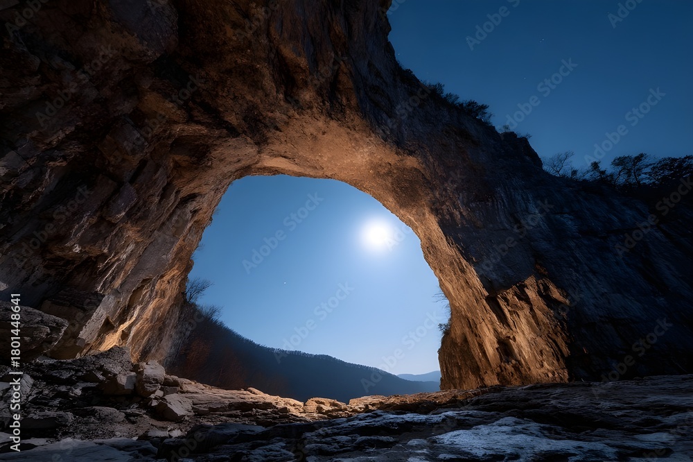 Obraz premium Moon Shining Through the Arch of Natural Rock Bridge Scenic Night Landscape Geological Formation
