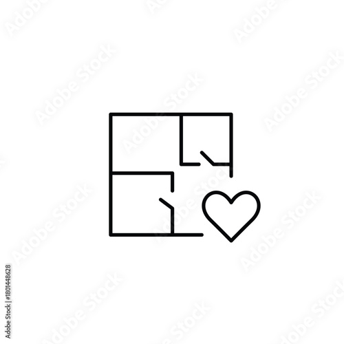 Apartment blueprint and heart. Trusted planning, caring construction, supportive architecture. Pixel perfect, editable stroke vector icon