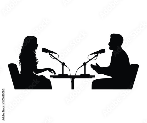 Two People Interview Podcast Silhouette - Talk Show, Radio Host, and Guest Vector on White