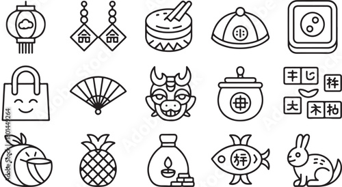 Outlined icons demonstrate elements of the Lunar New Year celebrations and traditions in a pattern
