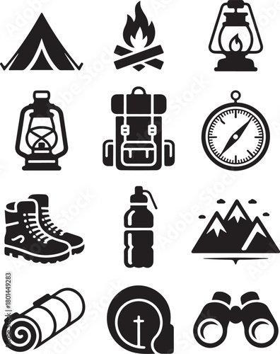 Adventure gear icons for outdoor exploration and camping