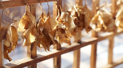 tolerable. Close-up of dried lovage leaves on a wooden rack with natural morning light. gardening catalogs, home-decor guides, designed for home decor and floral branding, used by sports marketers.