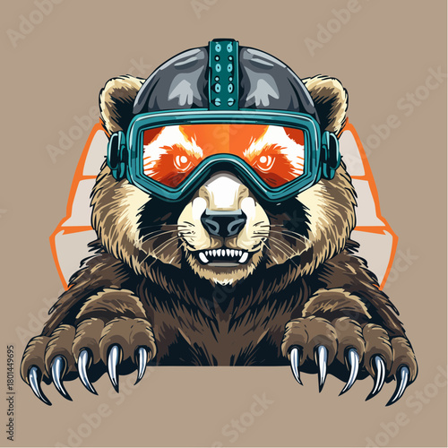 A close-up illustration of a raccoon wearing a futuristic helmet and goggles, with sharp teeth bared.