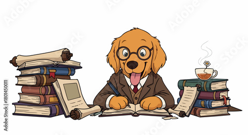 Dog scholar writing with books and tea