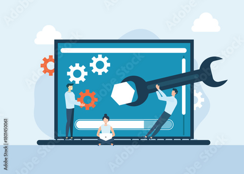 Software update on laptop with illustration of several people working on and repairing laptop, Someone is testing in front of laptop