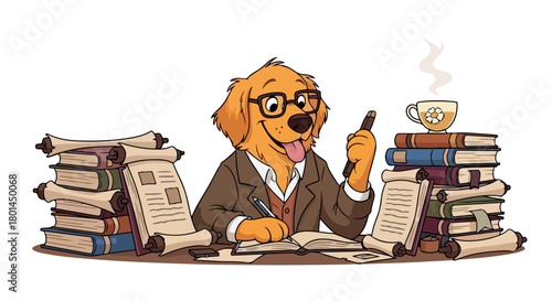 Dog scholar working at desk with books and tea