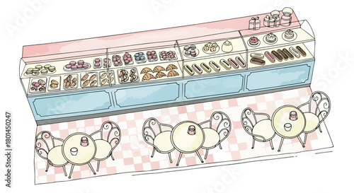 Pastry shop interior with tables and chairs