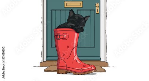 Black cat sleeping in red rain boot by door