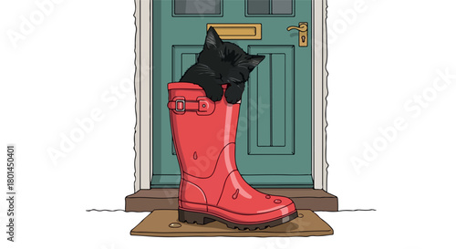 Black cat sleeping in red rain boot by door