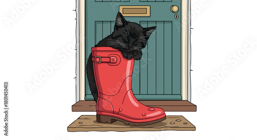 Black cat sleeping in red rain boot by door