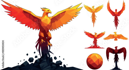 Fiery phoenix rising from ashes with transparent background