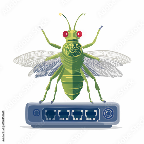 A surreal illustration of a large green insect with red eyes and transparent wings perched atop a network router with four Ethernet ports.