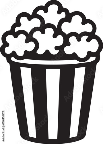 A classic, eye-level illustration of a bucket filled with freshly made popcorn in a stylish graphic composition. The iconic striped bucket holds a generous portion of fluffy, airy popcorn.