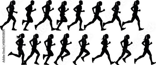 Silhouette of a group of diverse runners in motion across a white background