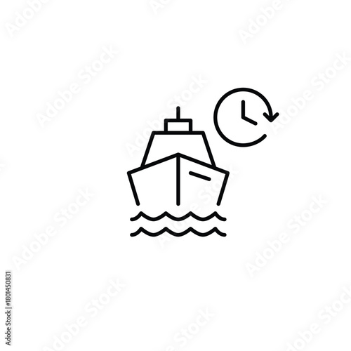 Cruise ship and clock. Arrival and departure schedules. Pixel perfect, editable stroke vector icon