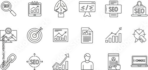 Collection of hand drawn business and technology icons representing digital marketing and seo concepts