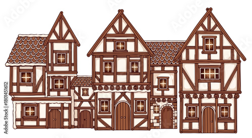 Traditional German half-timbered houses row with transparent background