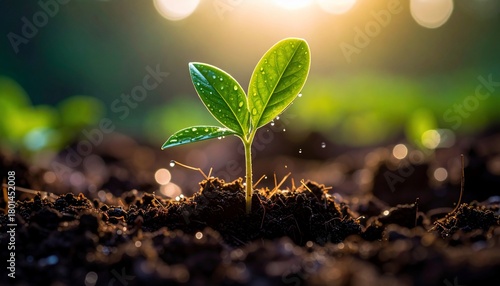 A tender shoot emerges in the sunlight symbolizing growth and new beginnings