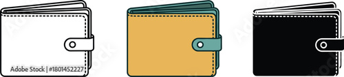 Bifold Wallet Icon Set with Snap Closure - Outline, Color, and Silhouette Vector