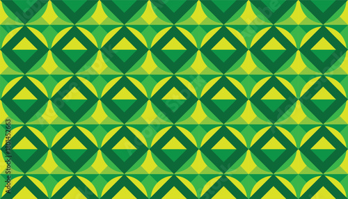 A seamless geometric pattern featuring repeating diamond and triangular shapes in vibrant shades of green and yellow. The design forms an optical, tessellated structure with layered polygons arranged 
