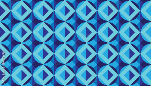 A seamless geometric pattern featuring circular and diamond-shaped forms in layered shades of blue. The design has a rhythmic, repeating structure with alternating light and dark blue tones