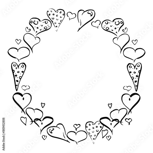 Circular wreath made of ink-drawn hearts and pulse lines. Vector hand drawn frame illustration. Valentine decor, romantic invitation border, love logo element.