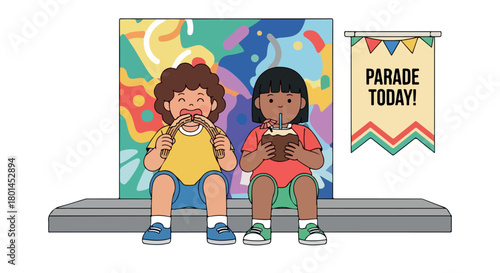 Kids enjoying snacks near parade banner