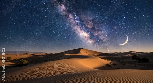Mesmerizing Desert Night Sky with Milky Way and Crescent Moon over Sculpted Sand Dunes and Distant Mountains