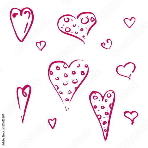 Playful expressive freehand hearts with polka dots fill, elongated and plump. Hand drawn in pen and ink, vector single elements. Romantic stationery border, Valentine printable, wedding logo element.