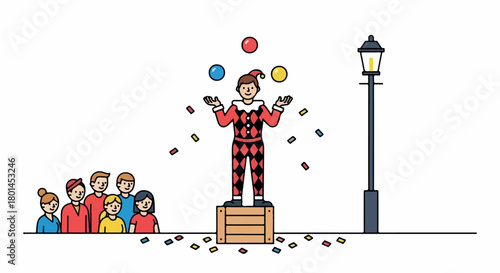 Jester juggling balls on box for audience