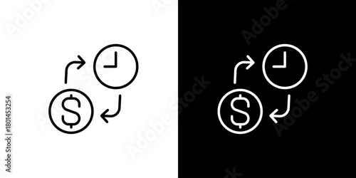 Outline icon illustrating the dynamic relationship between money and time, symbolizing investment, financial growth, business management, and economic value exchange
