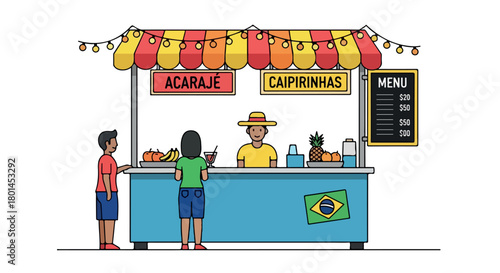 Brazilian street food stand with caipirinhas and customers