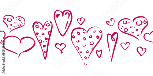 Minimalist ink heart doodles with polka dots fill flowing in horizontal border line. Isolated vector seamless banner illustration. Love wedding invitation header, romantic decor, clipart divider.