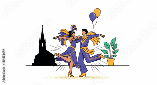Carnival dancers celebrating with balloons and church background