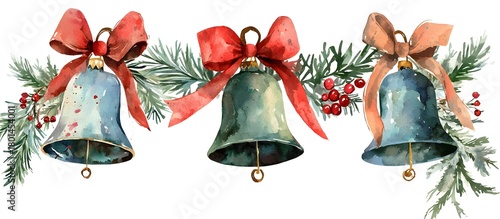 Watercolor illustration of festive bells with holly leaves and berries, bright red ribbon, isolated on white background.