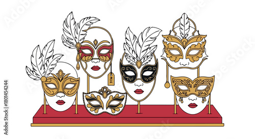 Venetian masks display on stand for festive events