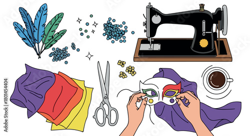 Crafting supplies, sewing machine, feathers, and fabric