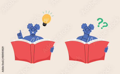 Confused girl and happy to understand or found answer on reading book. Colorful vector illustration.