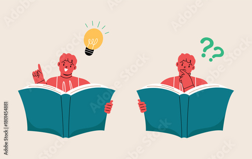 Confused boy and happy to understand or found answer on reading book. Colorful vector illustration.