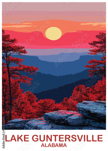 Striking vector illustration of Lake Guntersville, Alabama, capturing a fiery sunset view over mountainous terrain and autumn colored trees from a scenic overlook.