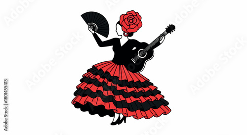 Flamenco dancer with guitar and fan with transparent background