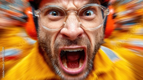 An enraged construction worker shouts with visible frustration, face close to the camera, orange protective gear, wearing clear glasses.