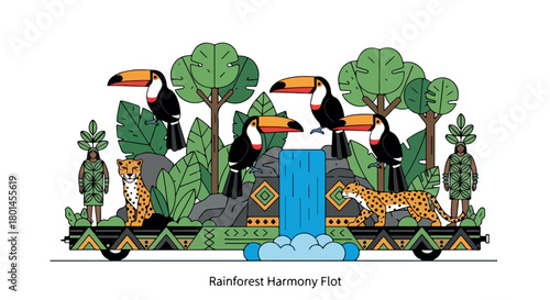 Rainforest scene with toucans, jaguar, and people