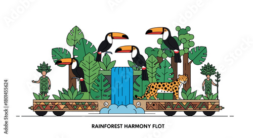 Rainforest scene with toucans, jaguar, and indigenous people