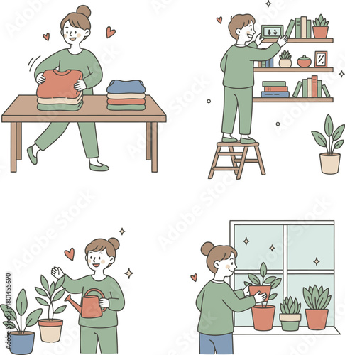 Illustrative scenes of a woman's cheerful daily home routines folding laundry, shelf organization, and nurturing houseplants