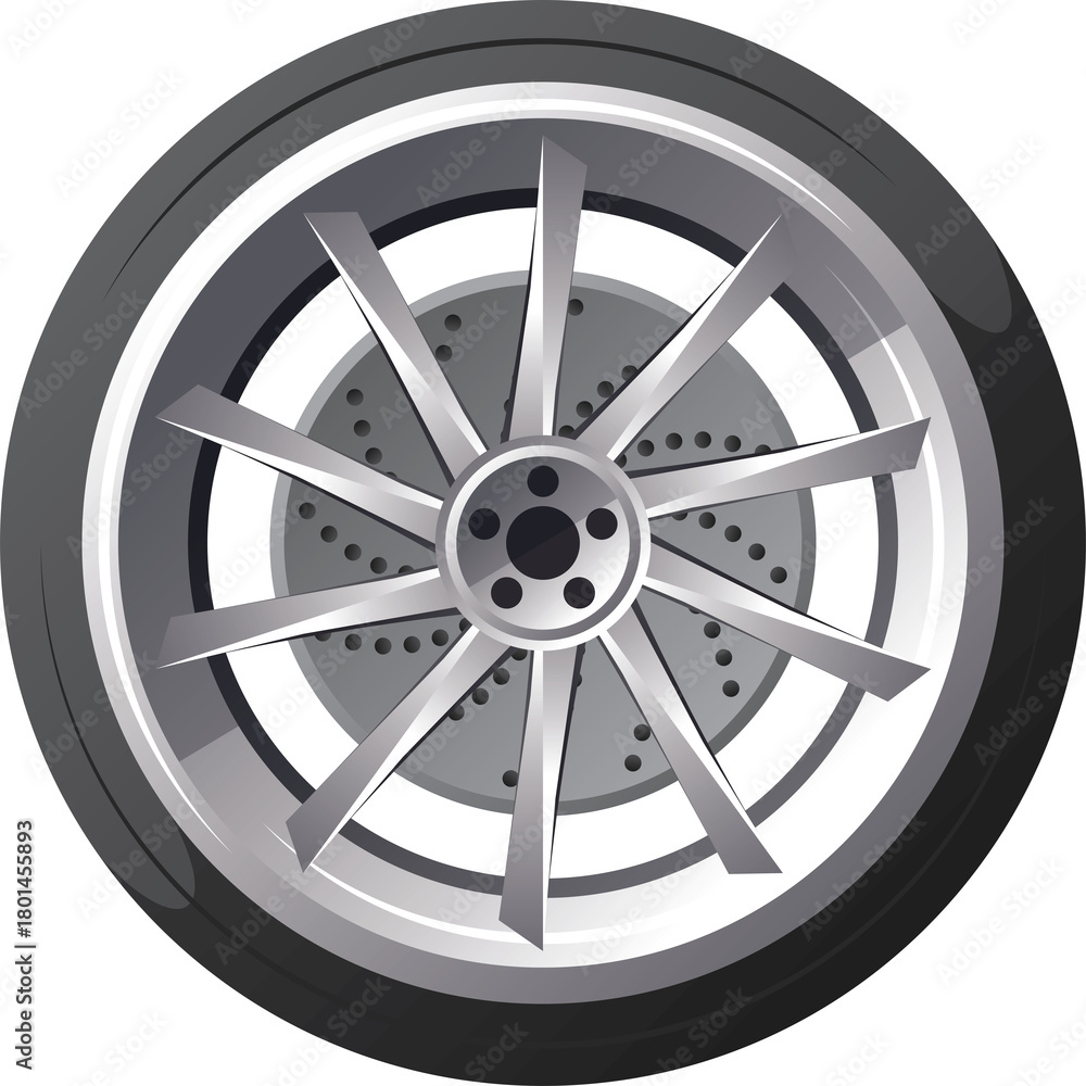 Obraz premium Shiny Silver Alloy Wheel With Black Tire And Disc Brakes Detailed With Numerous Small Holes On A Transparent Background Representing Automotive Part For Vehicle Transportation