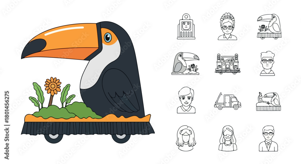 Obraz premium Toco toucan on a car with people icons