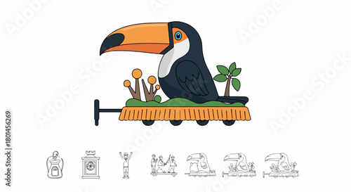 Toucans on parade float with tropical foliage