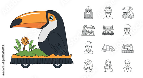 Toco toucan on a car with people icons